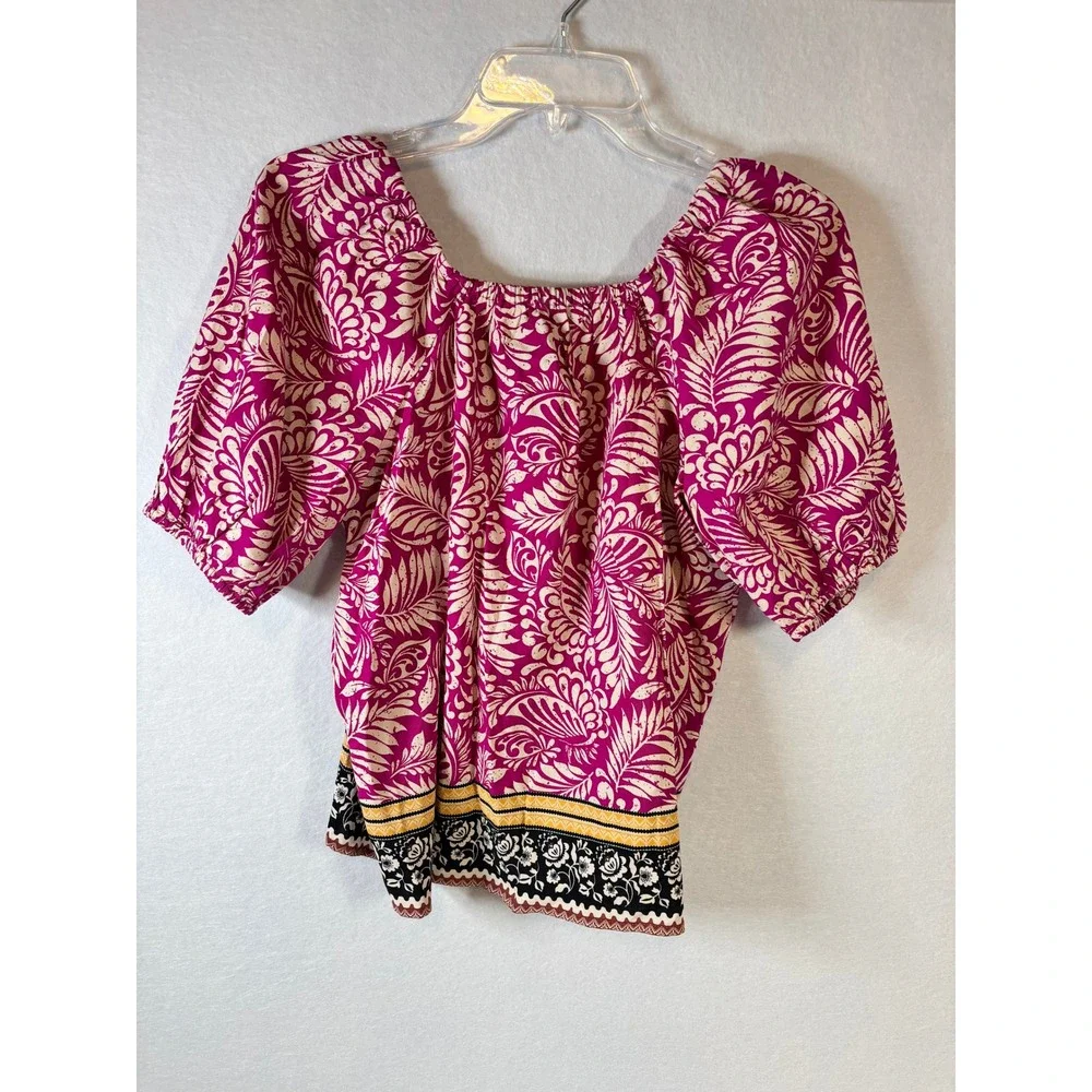 LOFT Petite XS Pink Leaf Print Square Neck Puff Sleeve Boho Blouse Top